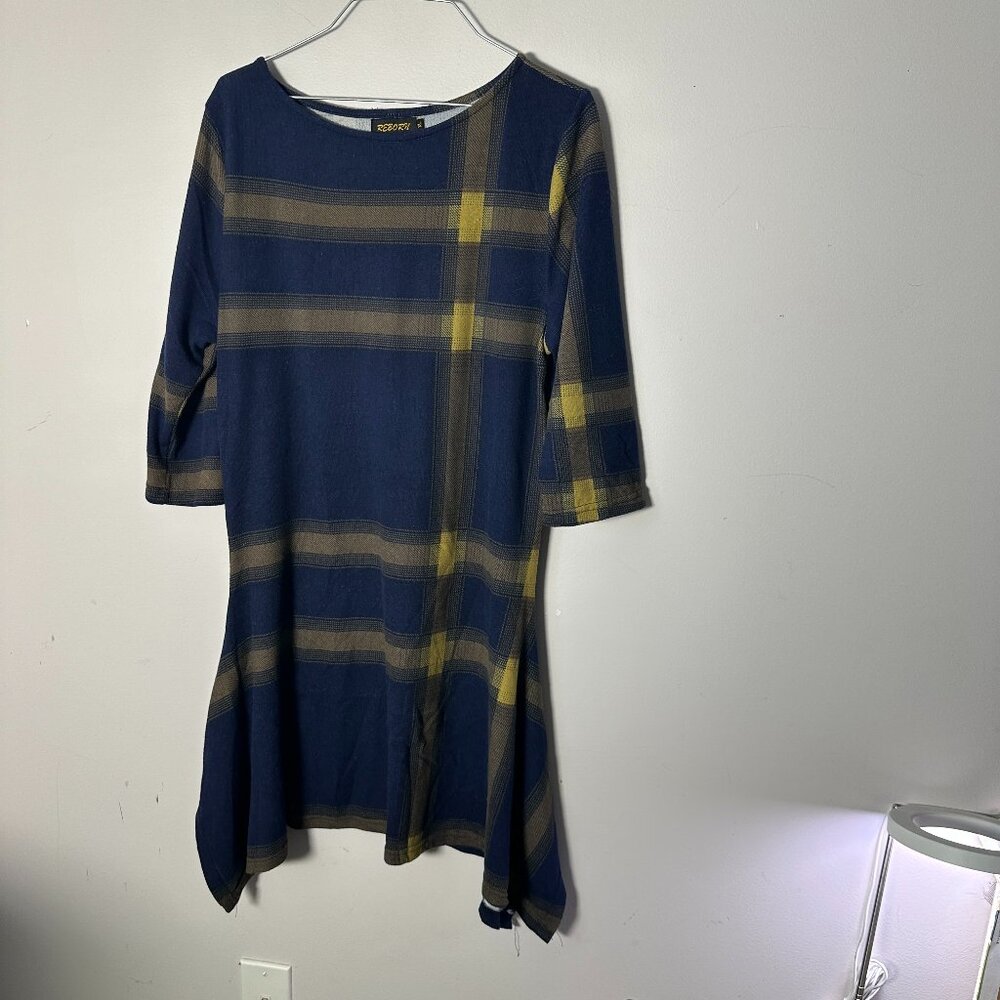 EUC Reborn Womens Blue Tan Plaid Dress XL Extra Large Short Long Sleeve